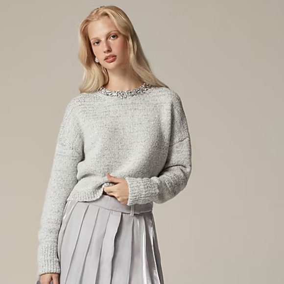 J Crew Embellished pullover sweater light grey silver metal Large NEW Gems - Picture 1 of 15